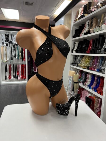 black velvet rhinestone halter lingerie set on mannequin