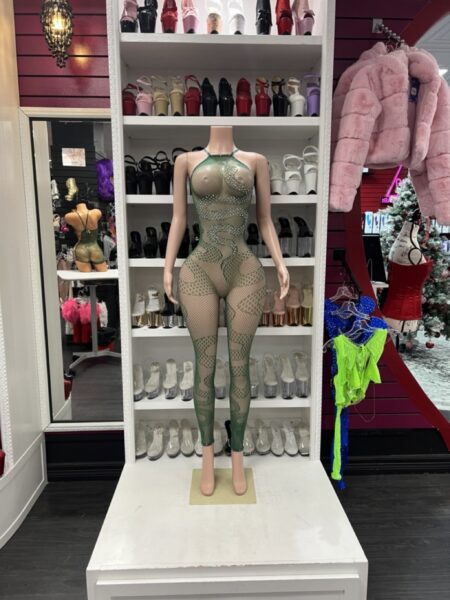 Green mesh rhinestone catsuit with halter neckline and full-length silhouette