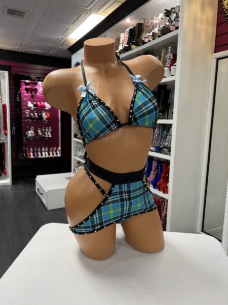 Plaid rhinestone skirt set with triangle top and mini skirt