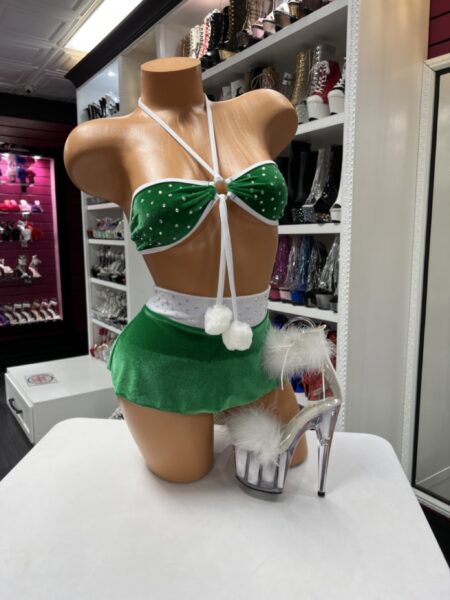 Green velvet rhinestone dancewear set with bandeau top and mini skirt