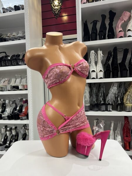 baby pink lace skirt set with bandeau top