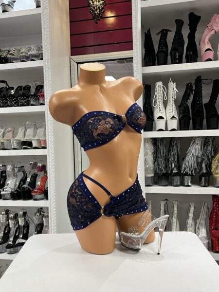 Navy lace dance set with bandeau top and fitted shorts for stage performance