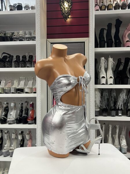 Silver metallic strapless mini dress with rhinestones and side cutout