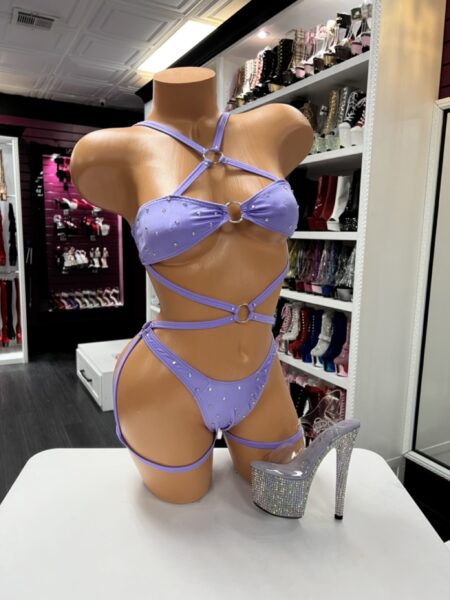 Lavender strappy performance set with rhinestones and harness details