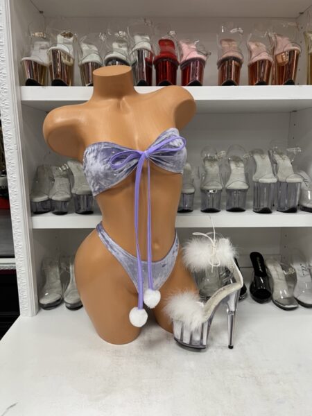 “Lavender velvet bikini set with rhinestones and white pom-poms”