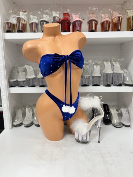 “Blue velvet rhinestone bikini set with white pom-poms”