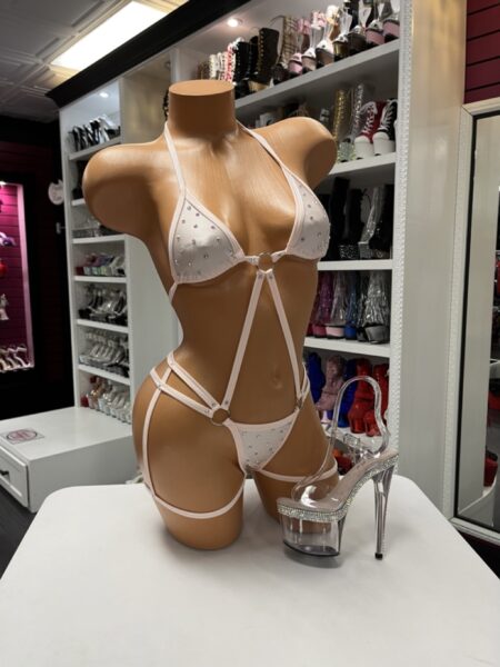 baby pink rhinestone micro bikini on mannequin
