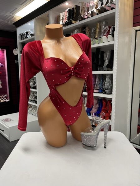 “Red velvet long-sleeve rhinestone monokini on mannequin”