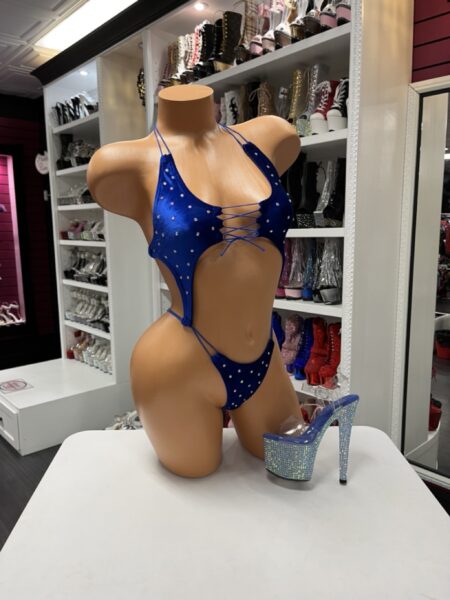 “Royal blue velvet rhinestone monokini with lace-up front and cutouts”