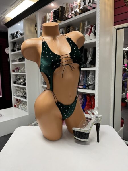 “Dark green velvet rhinestone monokini with lace-up bust and cutouts”