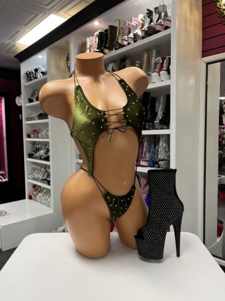 “Olive green velvet rhinestone lace-up monokini with cutouts”