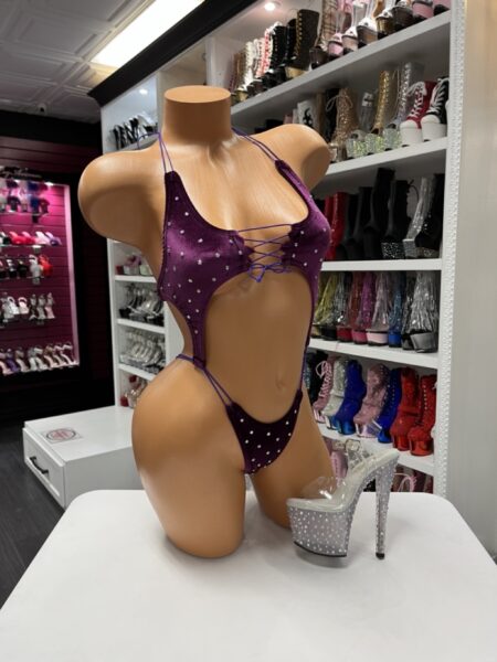 “Plum velvet rhinestone lace-up monokini with side cutouts”