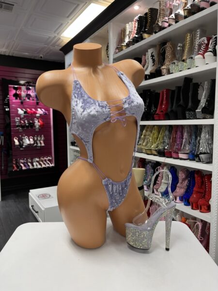“Lavender velvet lace-up rhinestone monokini with side cutouts”