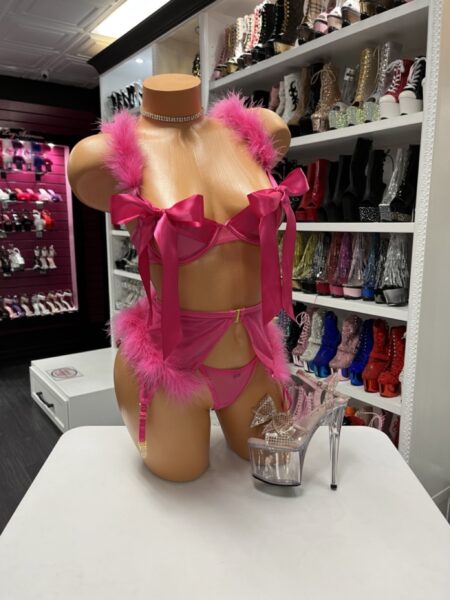 “Hot pink bow and marabou feather lingerie set with garter details”