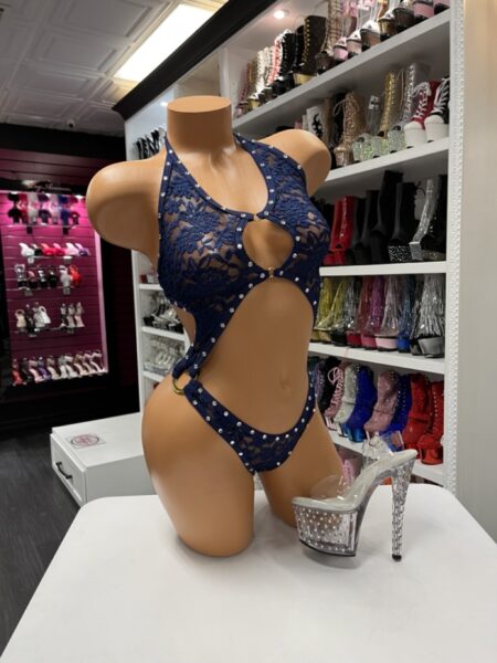“Navy lace rhinestone cutout bodysuit with metal-ring connectors”