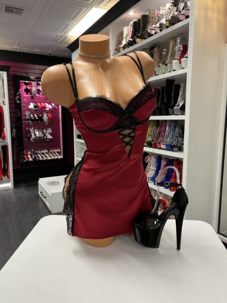 Crimson lace mini dress with elegant performance styling