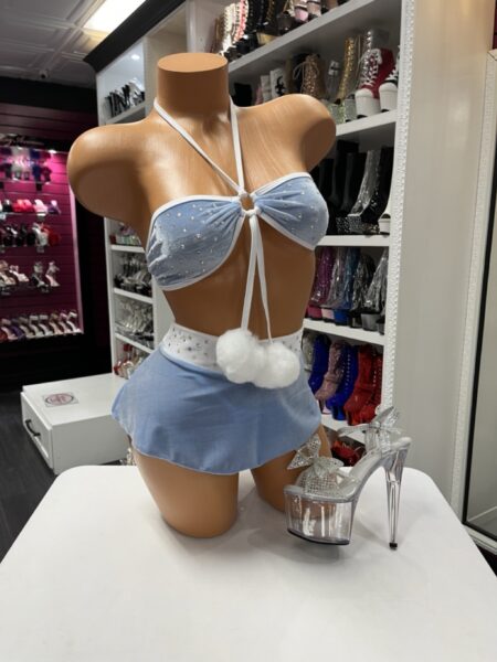 Baby blue velvet rhinestone dancewear set with bandeau top and mini skirt