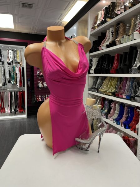 Pink sheer mini dress with draped neckline and halter straps