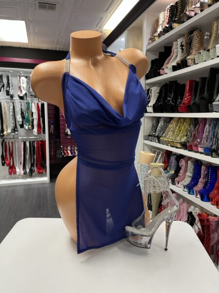 Sheer blue mini dress with halter neckline and twist front