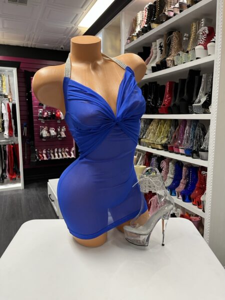 Royal blue sheer mini dress with rhinestone halter straps