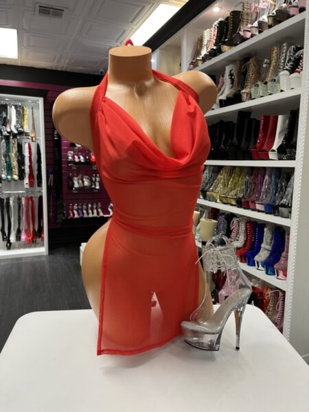Sheer red mesh halter dress with draped bust and front slit
