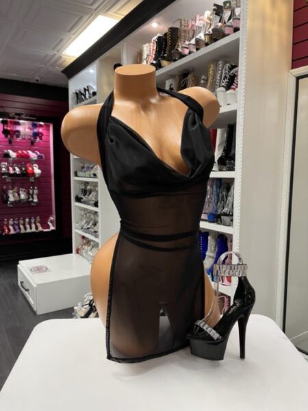 Sheer black mesh halter dress with draped bust and front slit