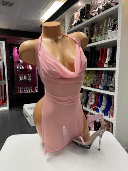 Pink sheer mesh halter dress with draped bust and high slit