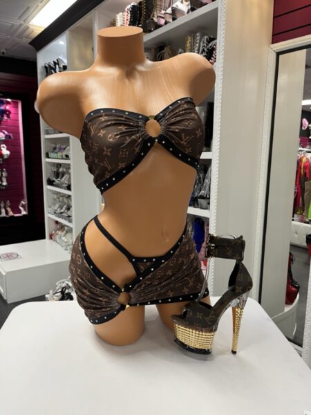 Brown designer-inspired two-piece set with strapless top and mini skirt