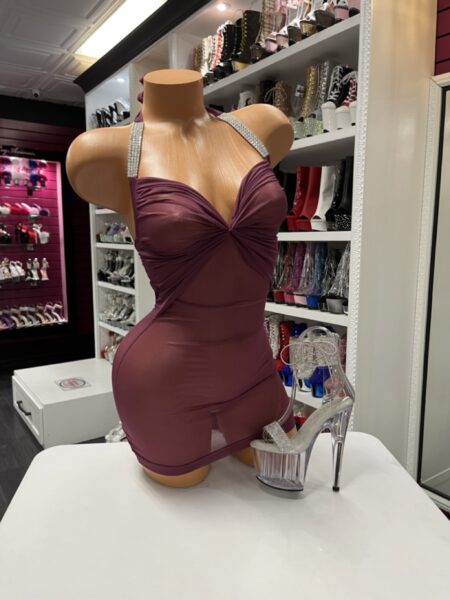 Maroon halter performance romper with rhinestone shoulder straps