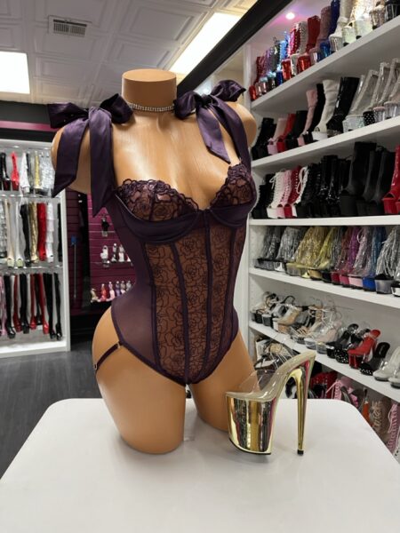 plum floral mesh bodysuit on mannequin
