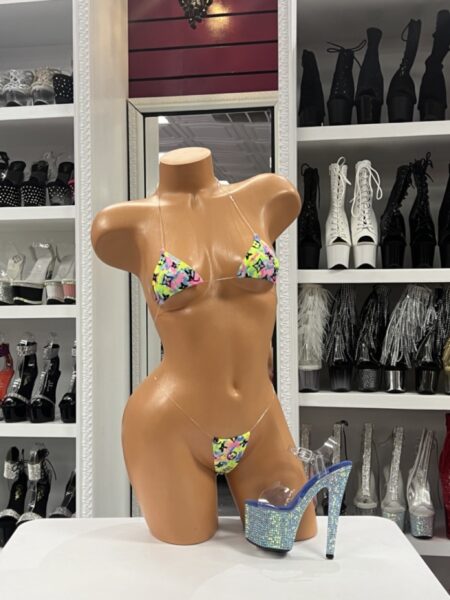 “Neon abstract micro bikini with clear string sides”