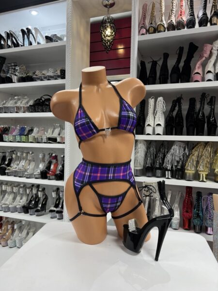 “Purple plaid micro bikini garter set with black trim and charm detail”