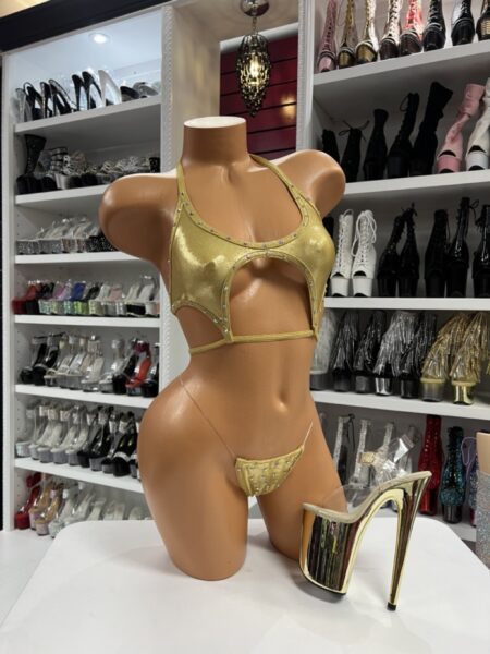 “Gold metallic cutout micro bikini set with rhinestones”