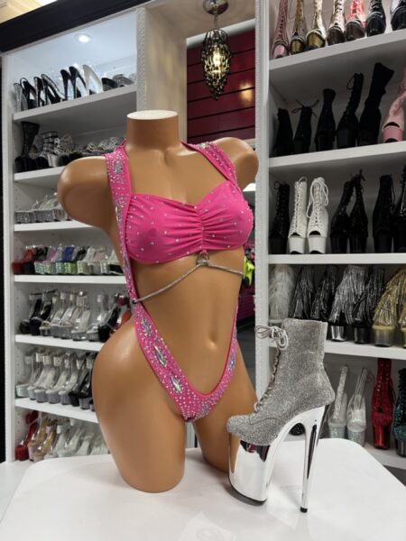 “Hot pink rhinestone harness dance set with high-cut bottom”