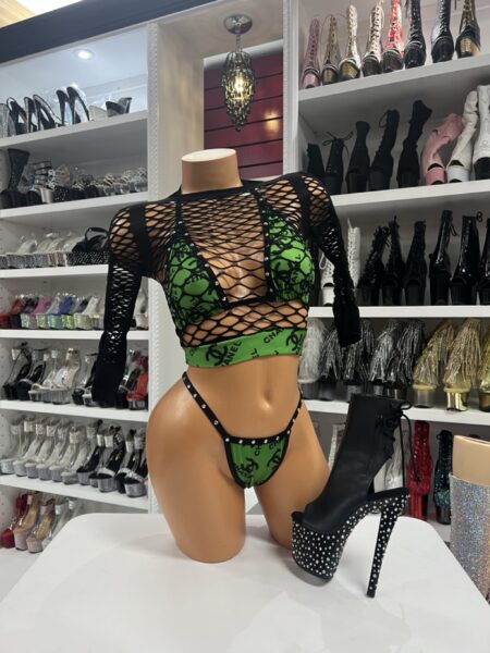 green fishnet lingerie set on mannequin