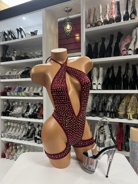 burgundy crystal cutout bodysuit on mannequin