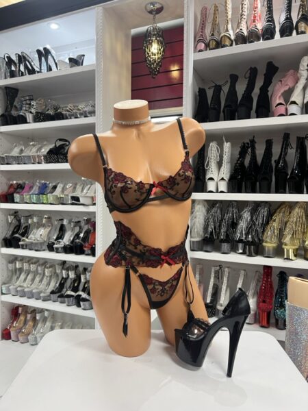 black rose lace lingerie set on mannequin
