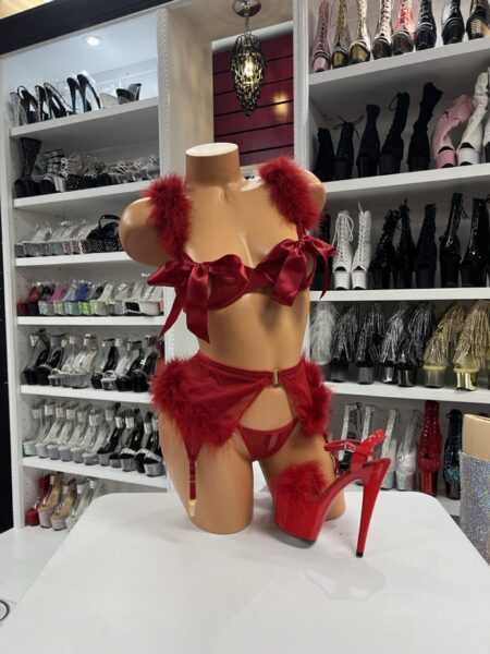 red ribbon feather lingerie set on mannequin