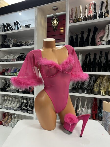 pink sheer feather sleeve bodysuit on mannequin