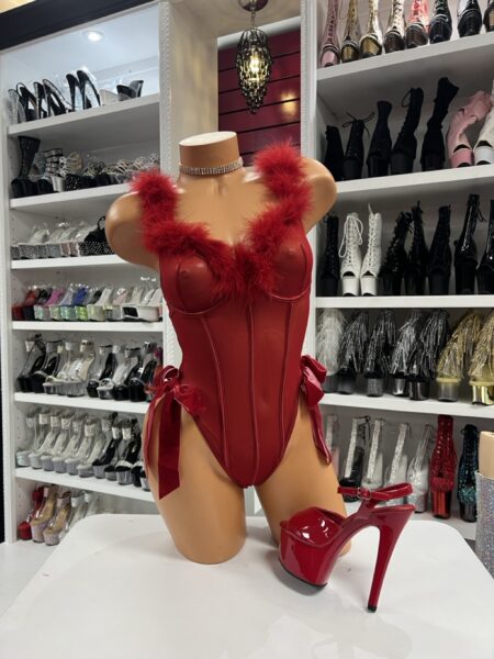 ed velvet feather trim bodysuit on mannequin