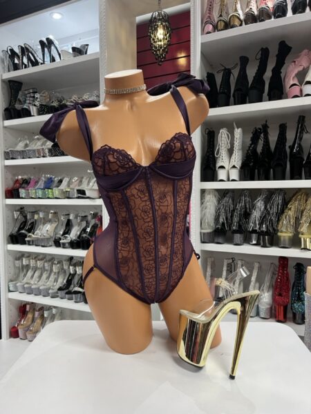 plum floral mesh bodysuit on mannequin
