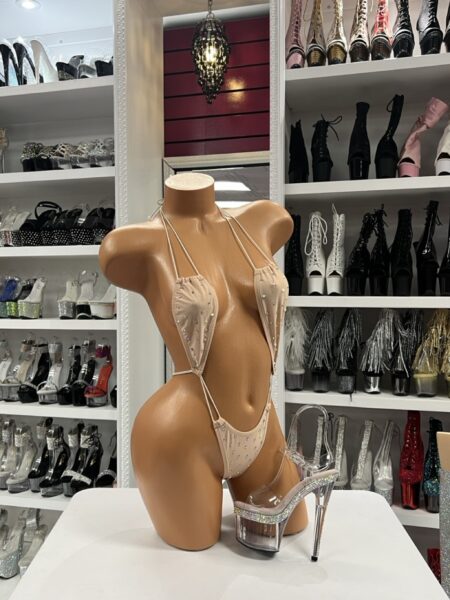 nude crystal embellished micro bikini on mannequin