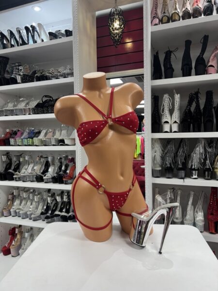 red angled rhinestone micro set on mannequin