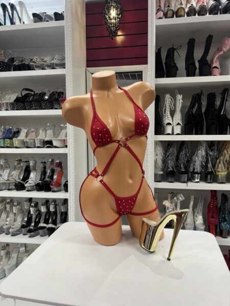 red strappy rhinestone micro set on mannequin