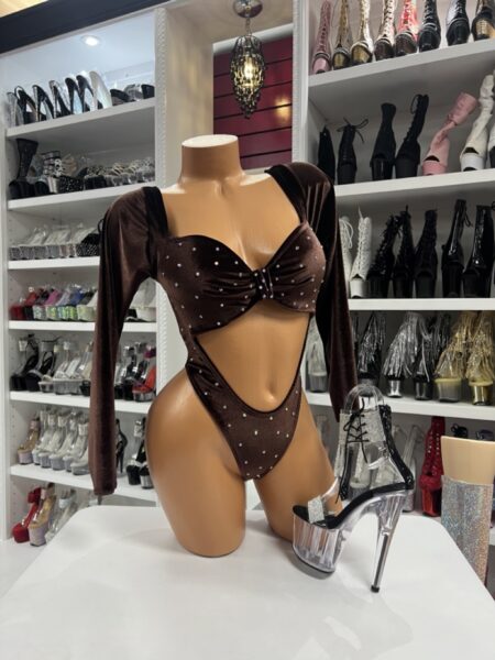 brown velvet rhinestone cutout bodysuit on mannequin