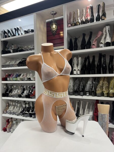 white greek key fishnet bodystocking on mannequin