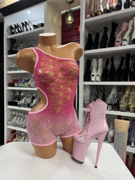 pink rhinestone mesh cutout romper