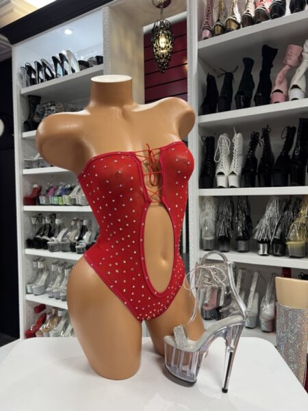 red rhinestone lace up bodysuit