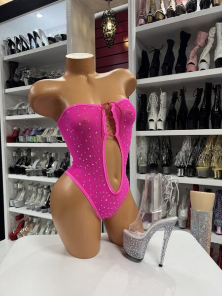 hot pink rhinestone lace bodysuit