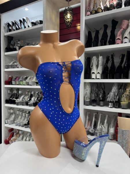 blue rhinestone lace up bodysuit
